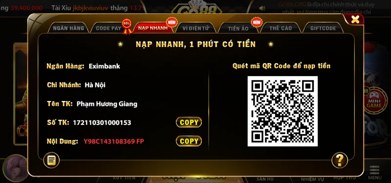 Các hình thức nạp tiền được hỗ trợ tại Go88