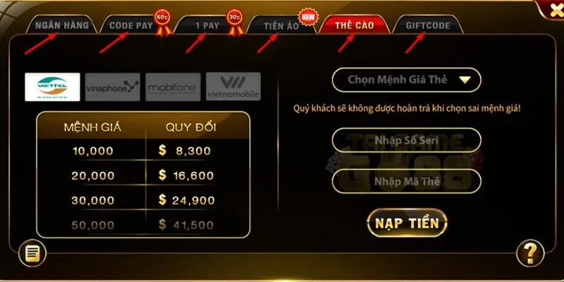 Thực hiện nạp tiền tại Go88 online