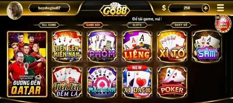 Nhấn chọn vào mục Game bài tại Go88 online