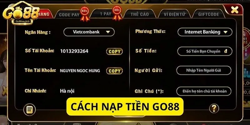 Đăng nhập và thực hiện giao dịch nạp tiền cá cược