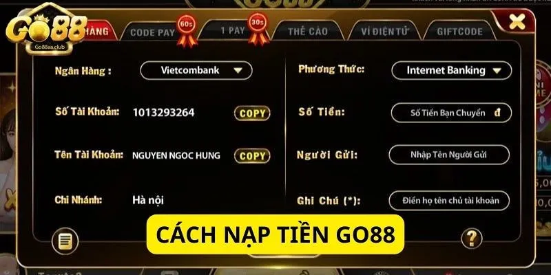 Nạp tiền để cá độ khi tải Go88